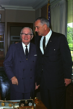 Pres. Lyndon B. Johnson at the Truman Library for signing ceremony for Medicare bill