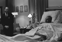 President Lyndon B. Johnson following throat polyp removal surgery